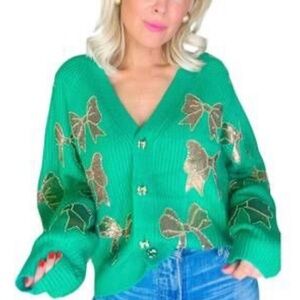 Queen of Sparkles Bow Cardigan in Green with Gold Sequin Bows.